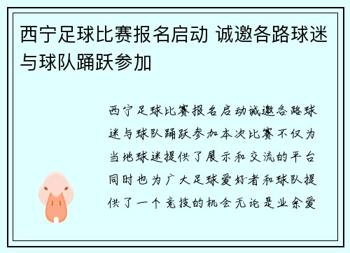 西宁足球比赛报名启动 诚邀各路球迷与球队踊跃参加