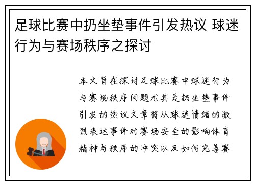 足球比赛中扔坐垫事件引发热议 球迷行为与赛场秩序之探讨