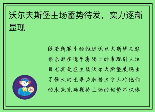 沃尔夫斯堡主场蓄势待发，实力逐渐显现