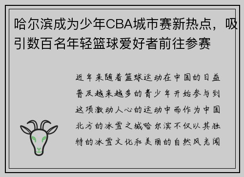 哈尔滨成为少年CBA城市赛新热点，吸引数百名年轻篮球爱好者前往参赛