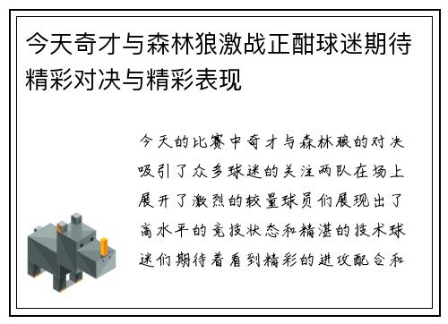 今天奇才与森林狼激战正酣球迷期待精彩对决与精彩表现