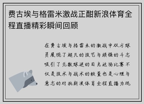费古埃与格雷米激战正酣新浪体育全程直播精彩瞬间回顾