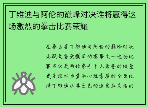 丁维迪与阿伦的巅峰对决谁将赢得这场激烈的拳击比赛荣耀