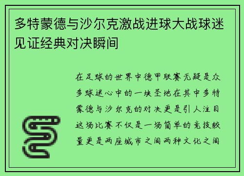 多特蒙德与沙尔克激战进球大战球迷见证经典对决瞬间