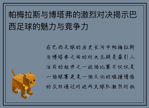 帕梅拉斯与博塔弗的激烈对决揭示巴西足球的魅力与竞争力