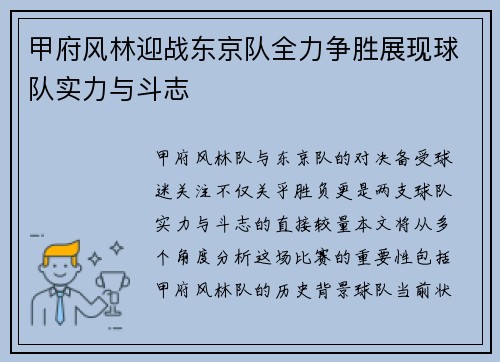 甲府风林迎战东京队全力争胜展现球队实力与斗志