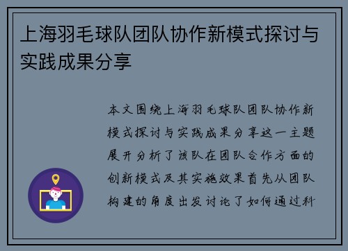上海羽毛球队团队协作新模式探讨与实践成果分享