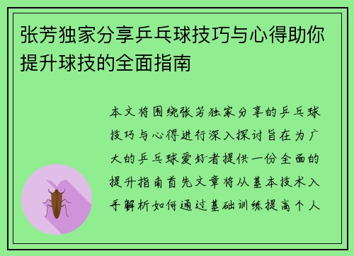 张芳独家分享乒乓球技巧与心得助你提升球技的全面指南