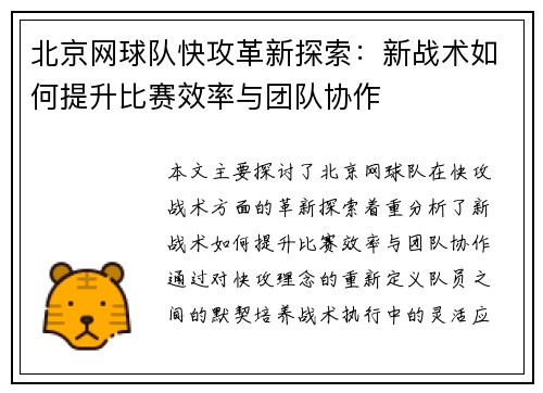 北京网球队快攻革新探索：新战术如何提升比赛效率与团队协作