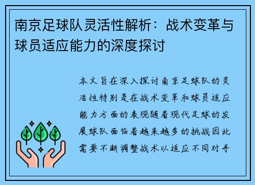 南京足球队灵活性解析：战术变革与球员适应能力的深度探讨
